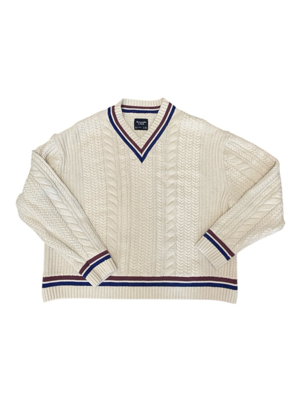 Abercrombie Fitch Mens V-Neck Striped Cable Knit Sweater Beige Preppy - Picture 2 of 6